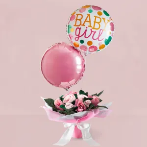 Baby Girl Balloons with Hand-Tied Baby Clothes Bouquet