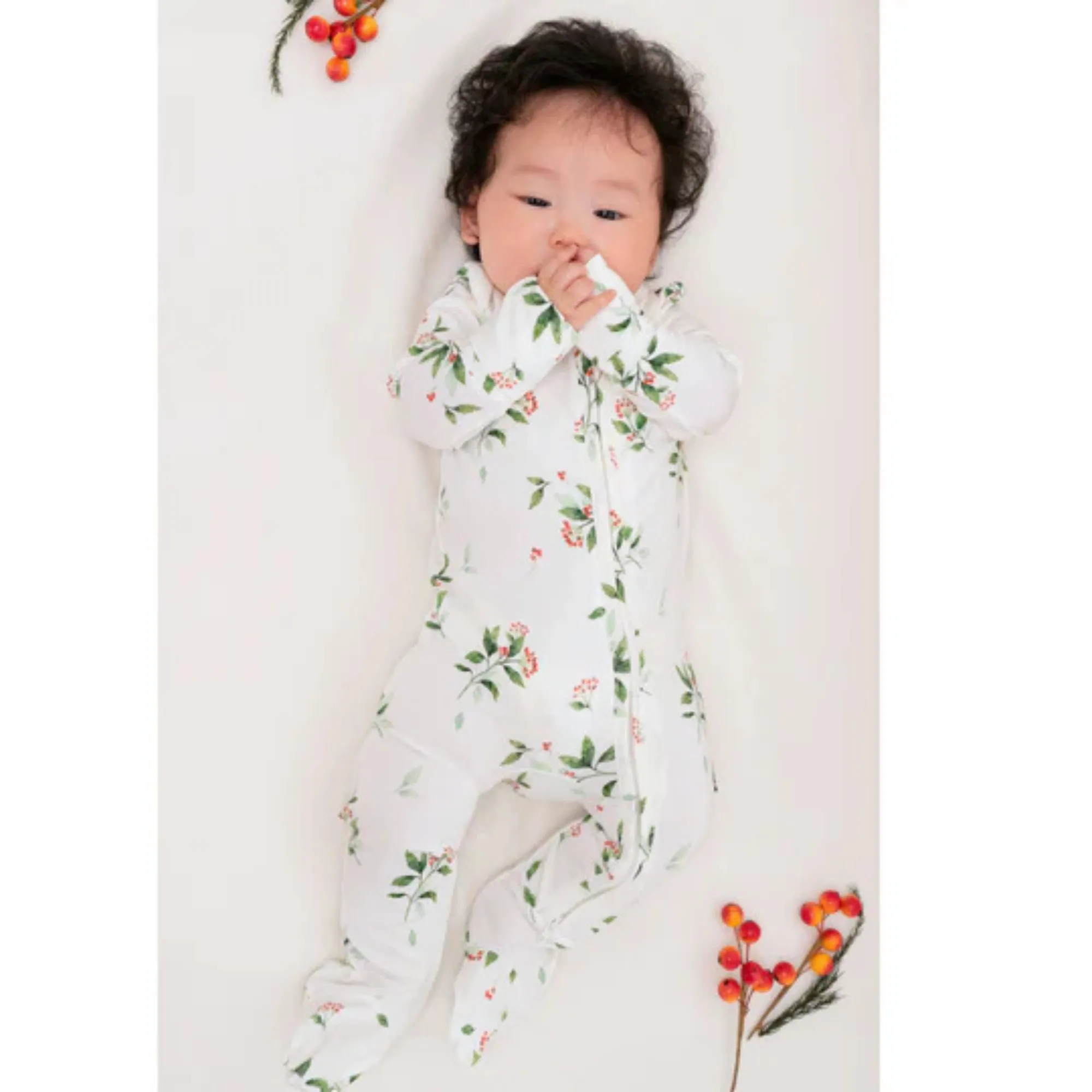 BELAN J Bamboo Footed Zipper Sleeper - Holly Berries