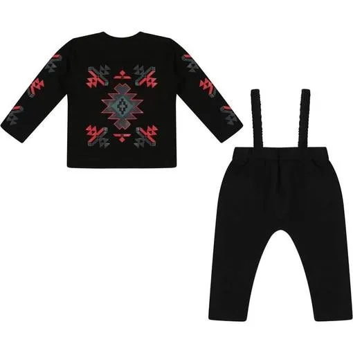 Black 'Logo' Pants with Braces and Top Set