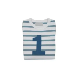 Bob & Blossom: Ocean Blue & White Breton Striped Blue Number 1 T-Shirt