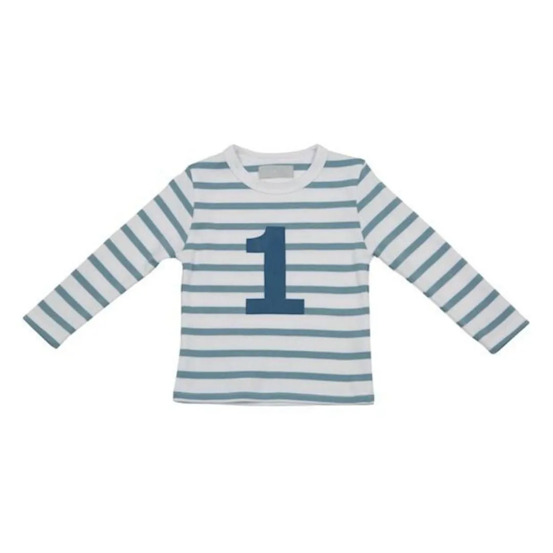 Bob & Blossom: Ocean Blue & White Breton Striped Blue Number 1 T-Shirt