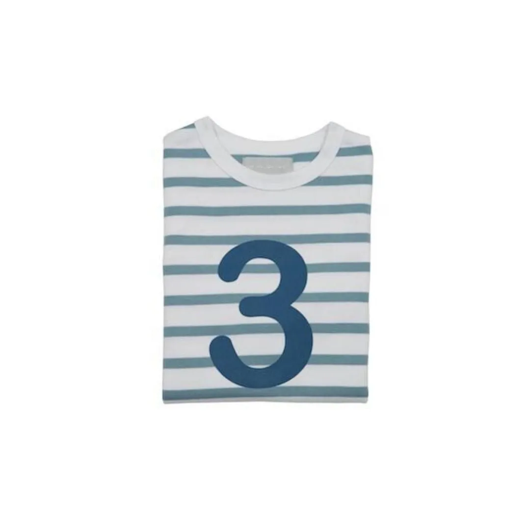 Bob & Blossom: Ocean Blue & White Breton Striped Blue Number 3 T-Shirt