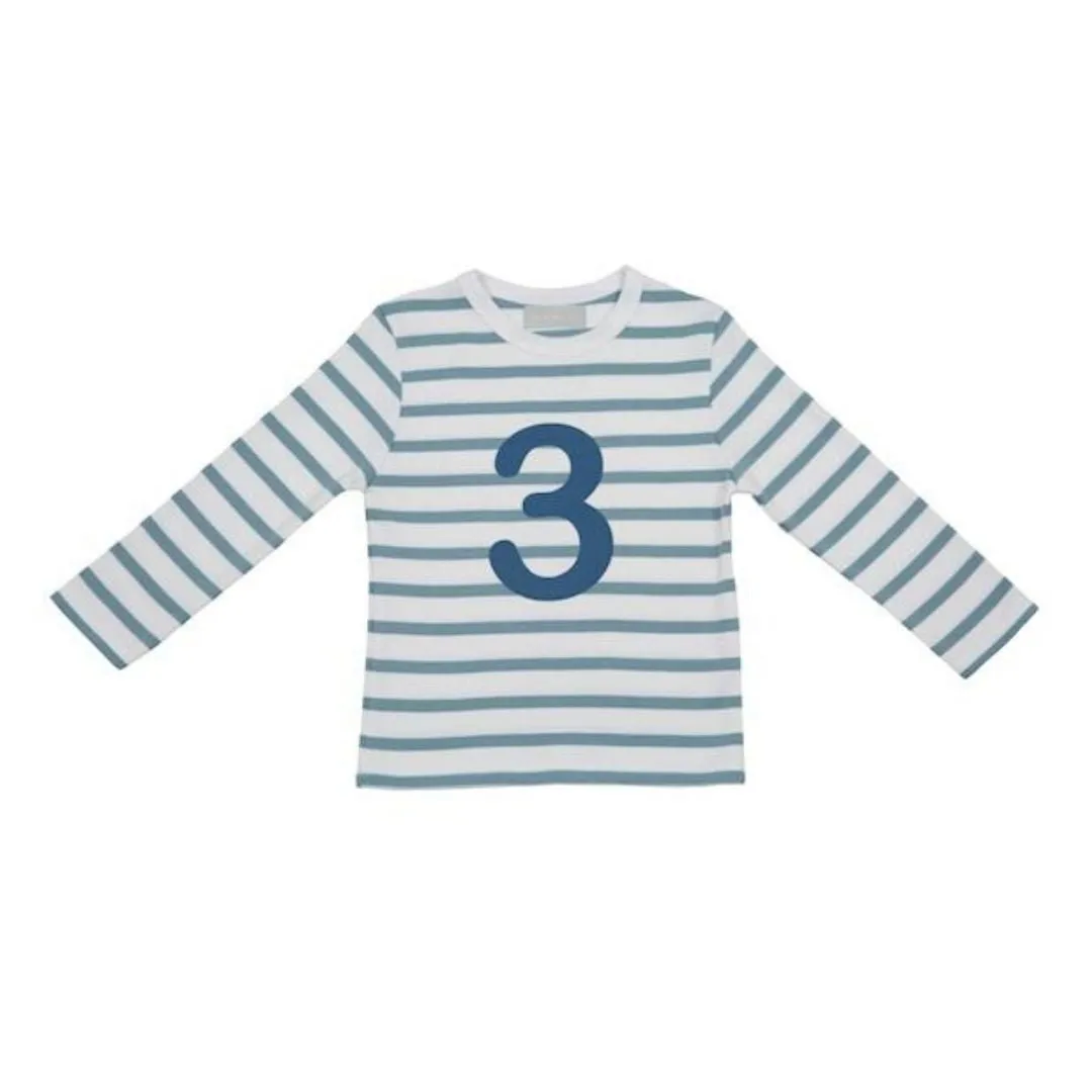 Bob & Blossom: Ocean Blue & White Breton Striped Blue Number 3 T-Shirt