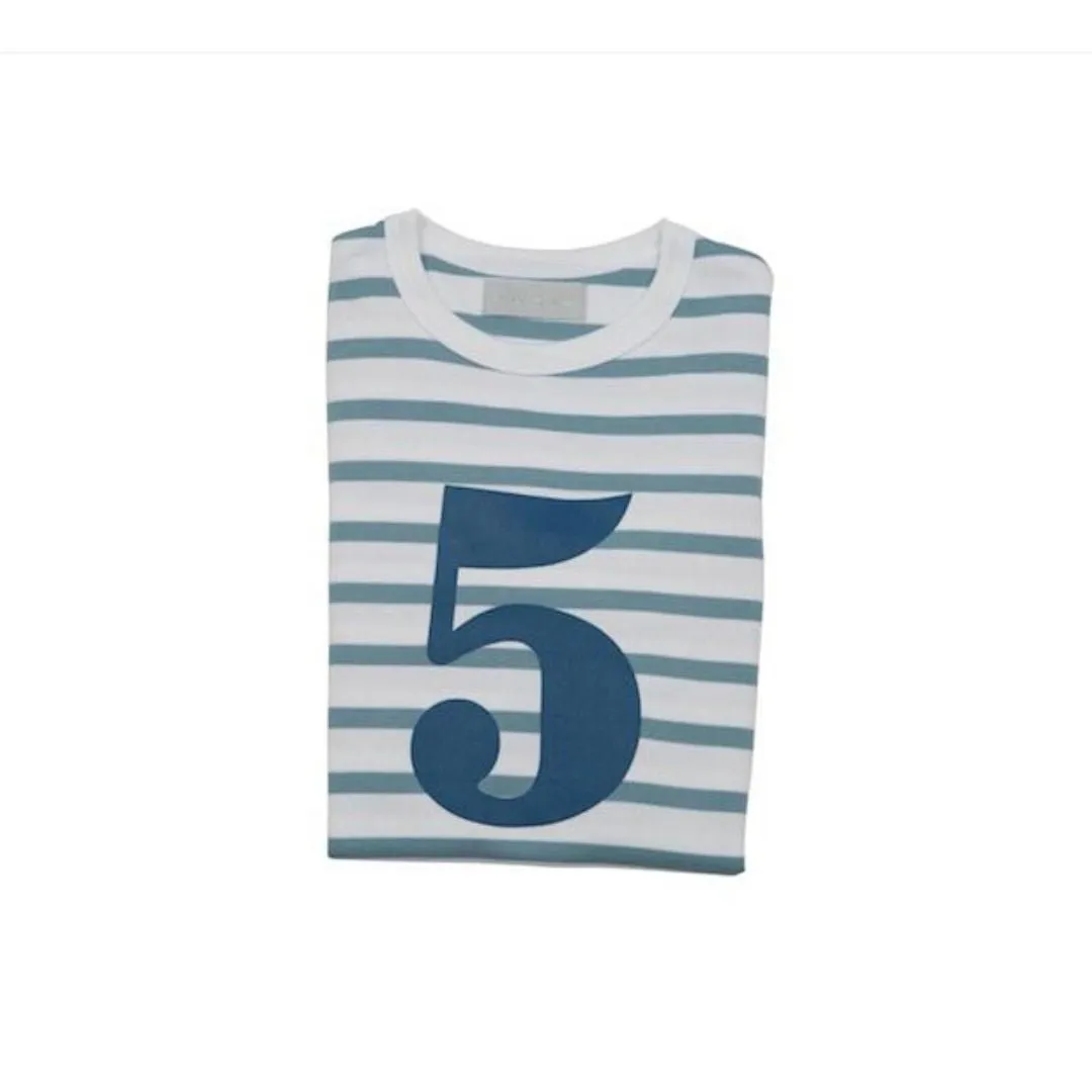 Bob & Blossom: Ocean Blue & White Breton Striped Blue Number 5 T-Shirt