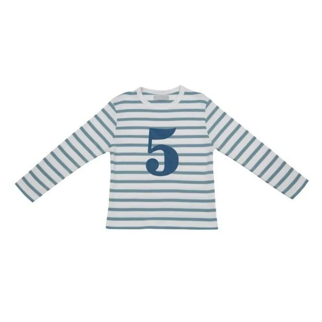Bob & Blossom: Ocean Blue & White Breton Striped Blue Number 5 T-Shirt