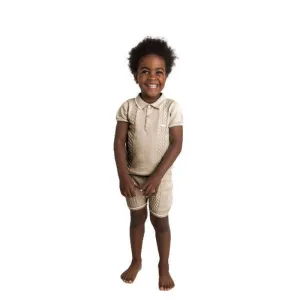 Boys Beige Cable Knit Polo Short Set