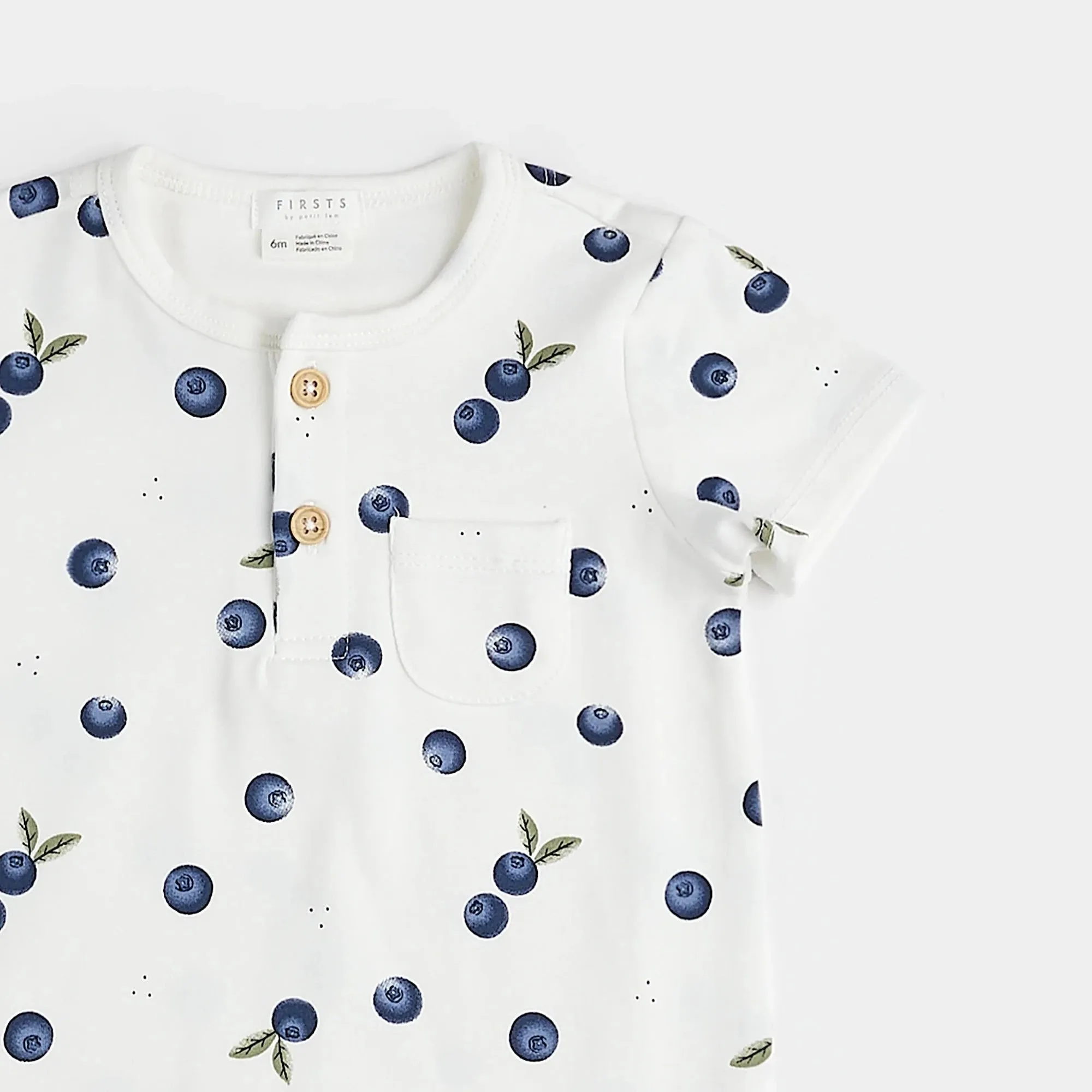 FIRSTS Blueberry Print on Off-White Henley Romper