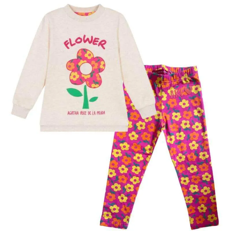 Girls Beige Flower Legging Set