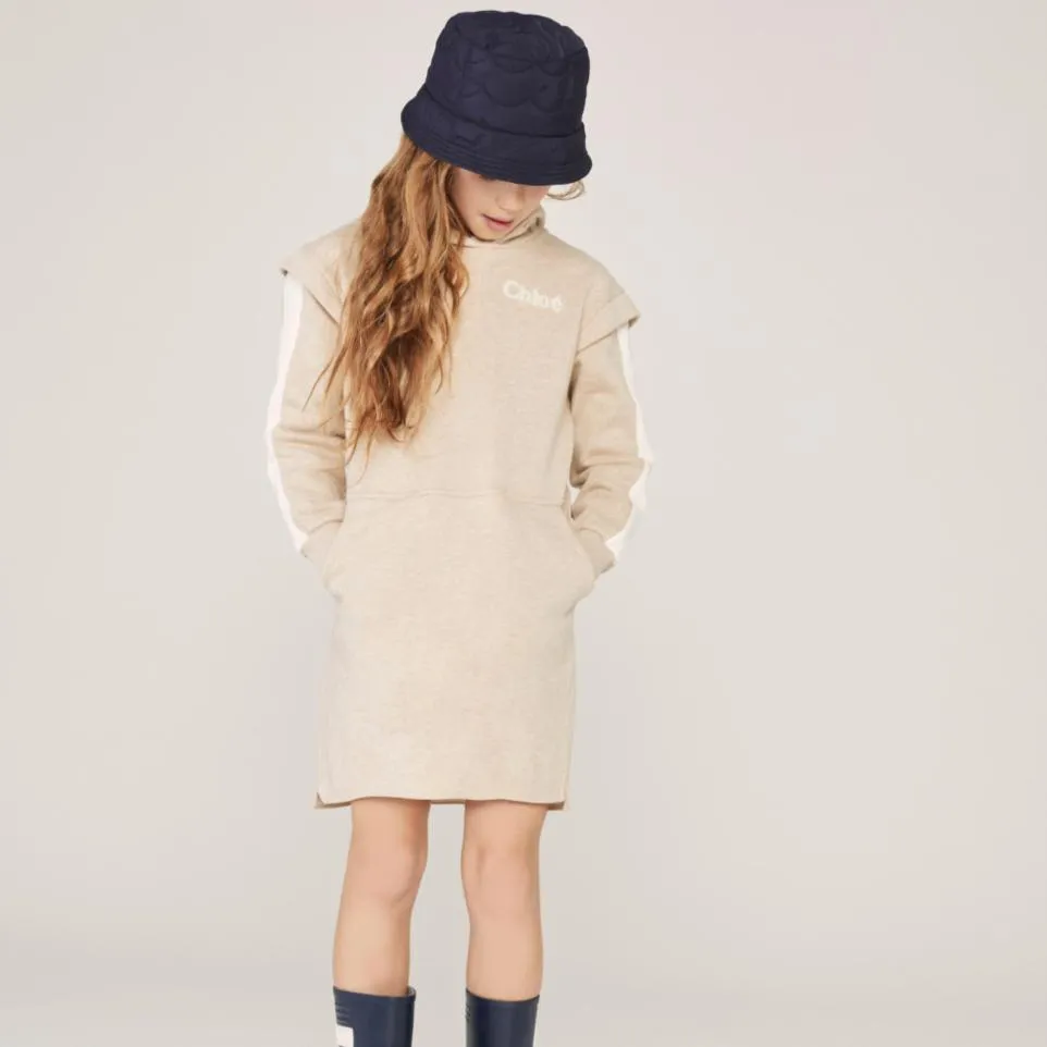 Girls Beige Logo Hooded Dress