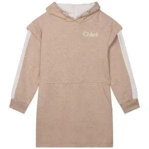Girls Beige Logo Hooded Dress
