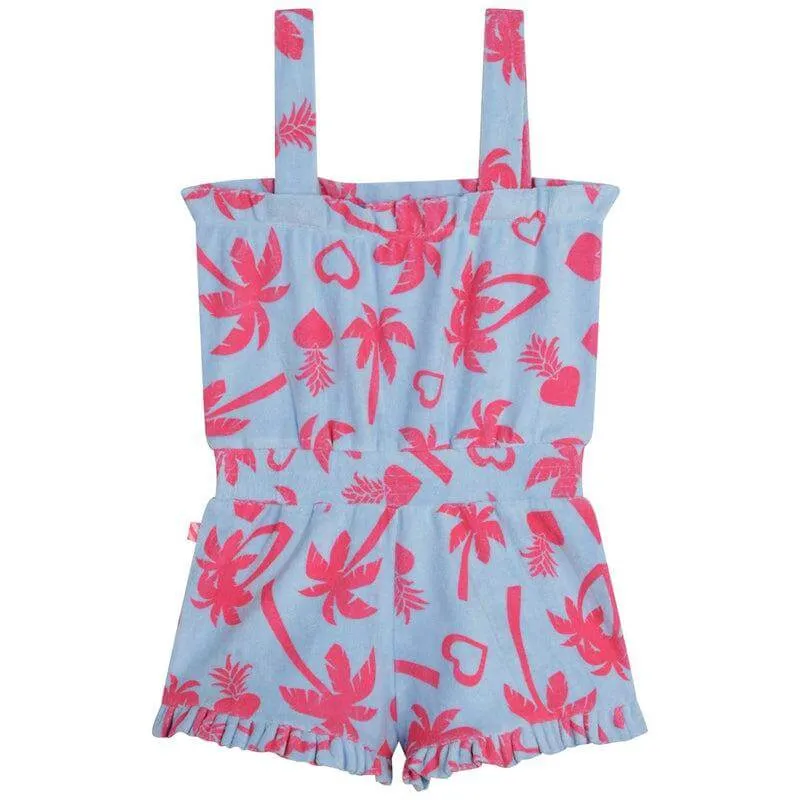 Girls Blue & Pink Towelling Palm Tree Playsuit