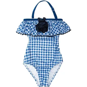 Girls Blue Check Swimming Costume