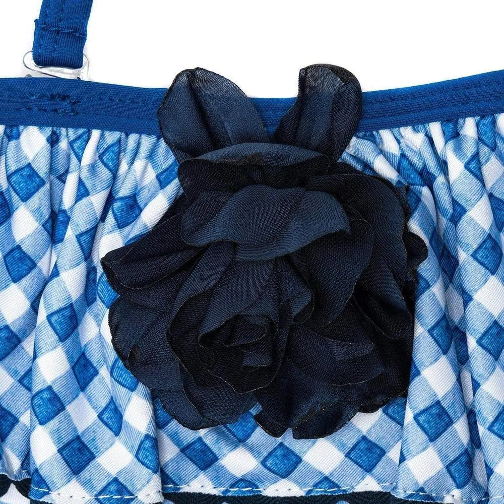 Girls Blue Check Swimming Costume