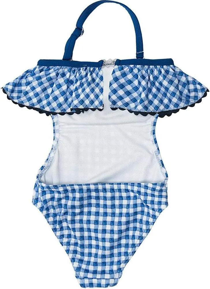 Girls Blue Check Swimming Costume
