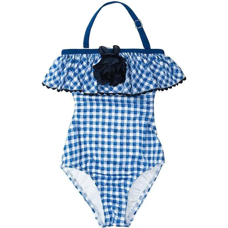 Girls Blue Check Swimming Costume