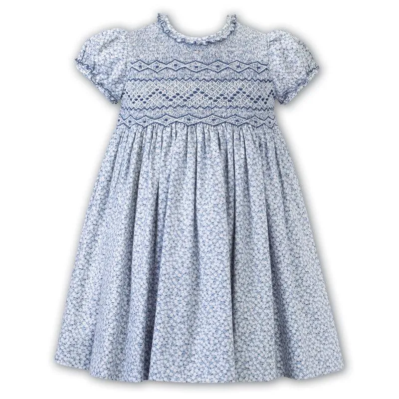 Girls Blue Floral Hand Smocked Dress