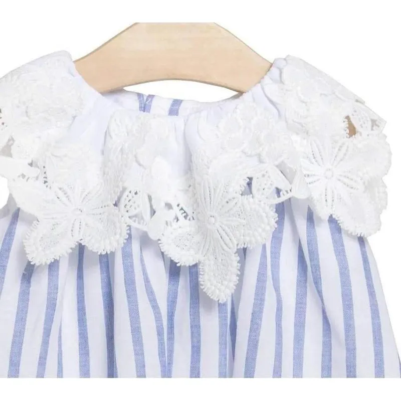Girls Blue Lace detailed Striped Dress