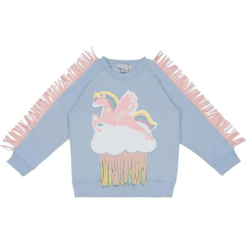 Girls Blue Unicorn Fringe Sweatshirt