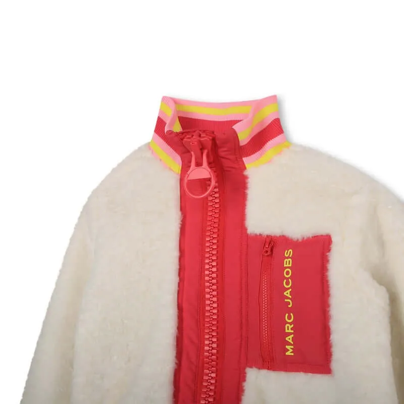Girls Cream And Pink Faux Shearling Long  Coat