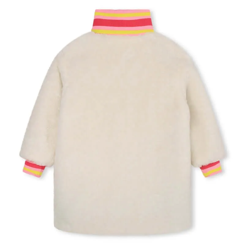 Girls Cream And Pink Faux Shearling Long  Coat