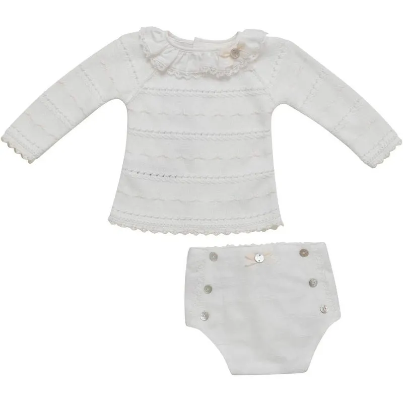 Girls Cream Knit & Linen Two Piece Set
