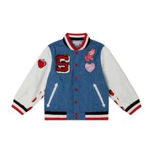 Girls Denim Strawberry Bomber Jacket