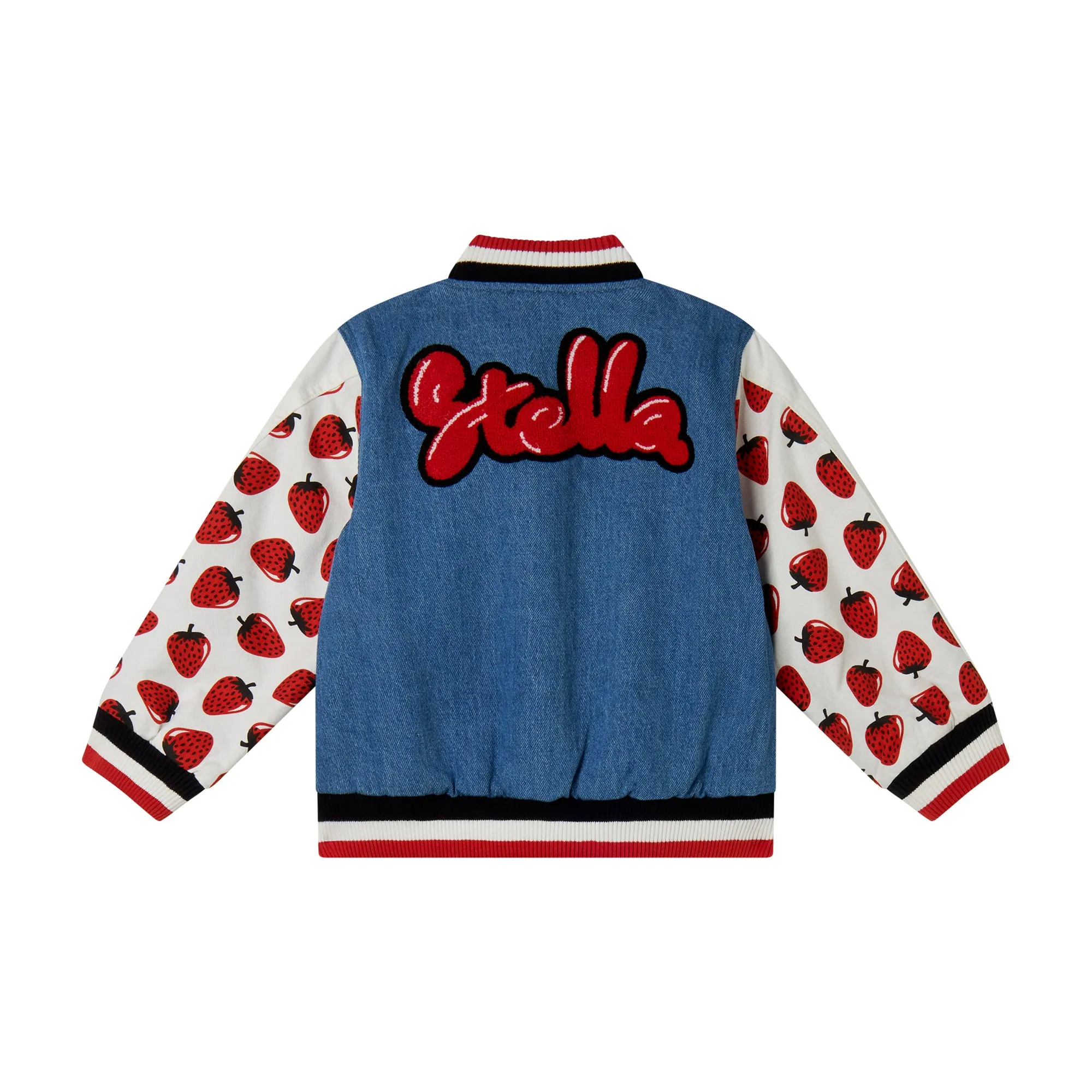 Girls Denim Strawberry Bomber Jacket