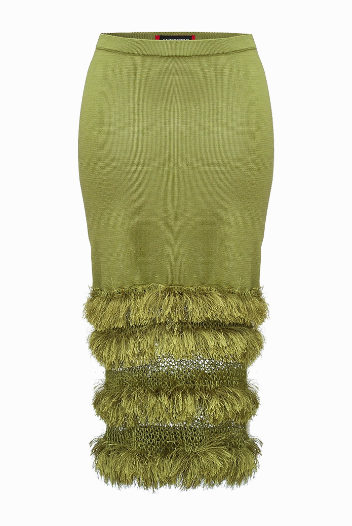 Green Knit Midi Fringe Skirt
