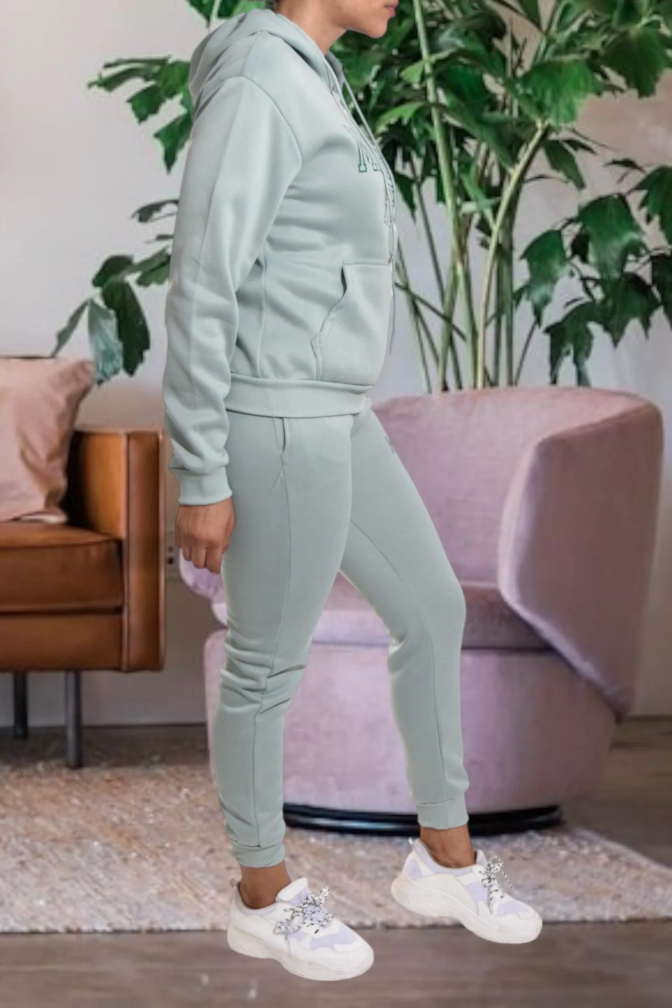Letter Graphic Light Green Hoody Tracksuit