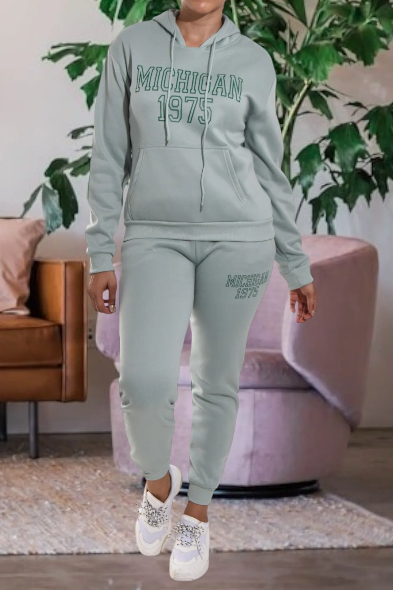 Letter Graphic Light Green Hoody Tracksuit