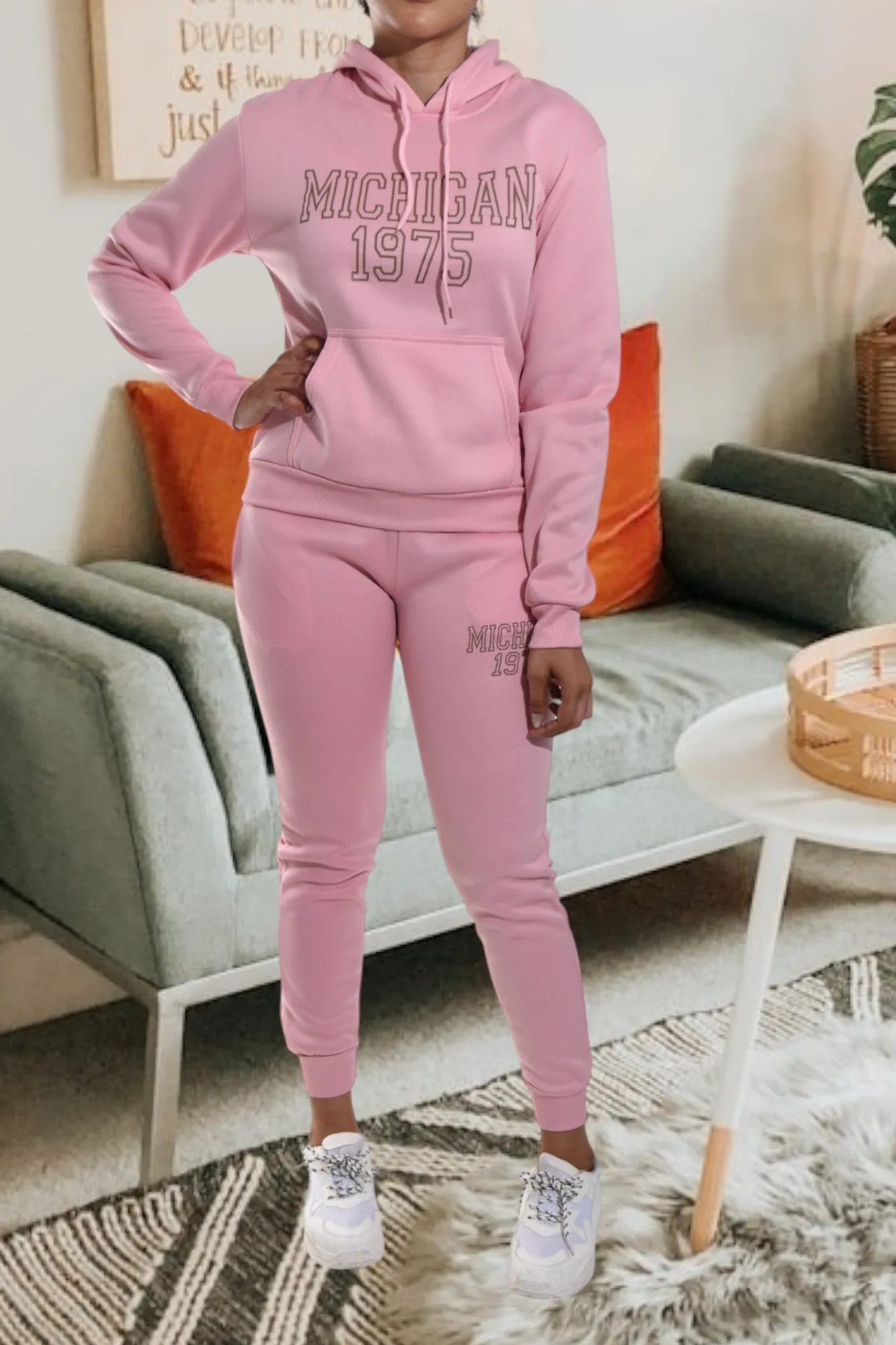 Letter Graphic Light Pink Hoody Tracksuit