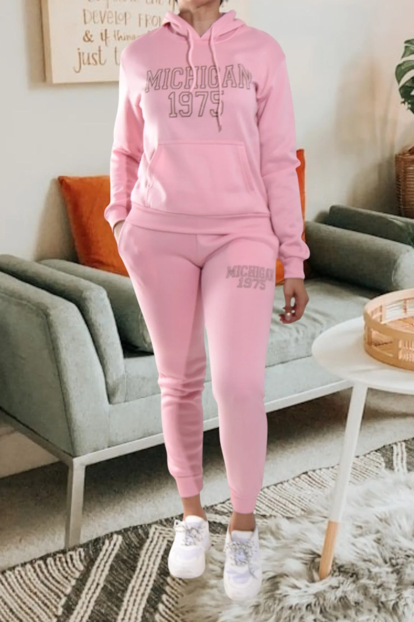 Letter Graphic Light Pink Hoody Tracksuit