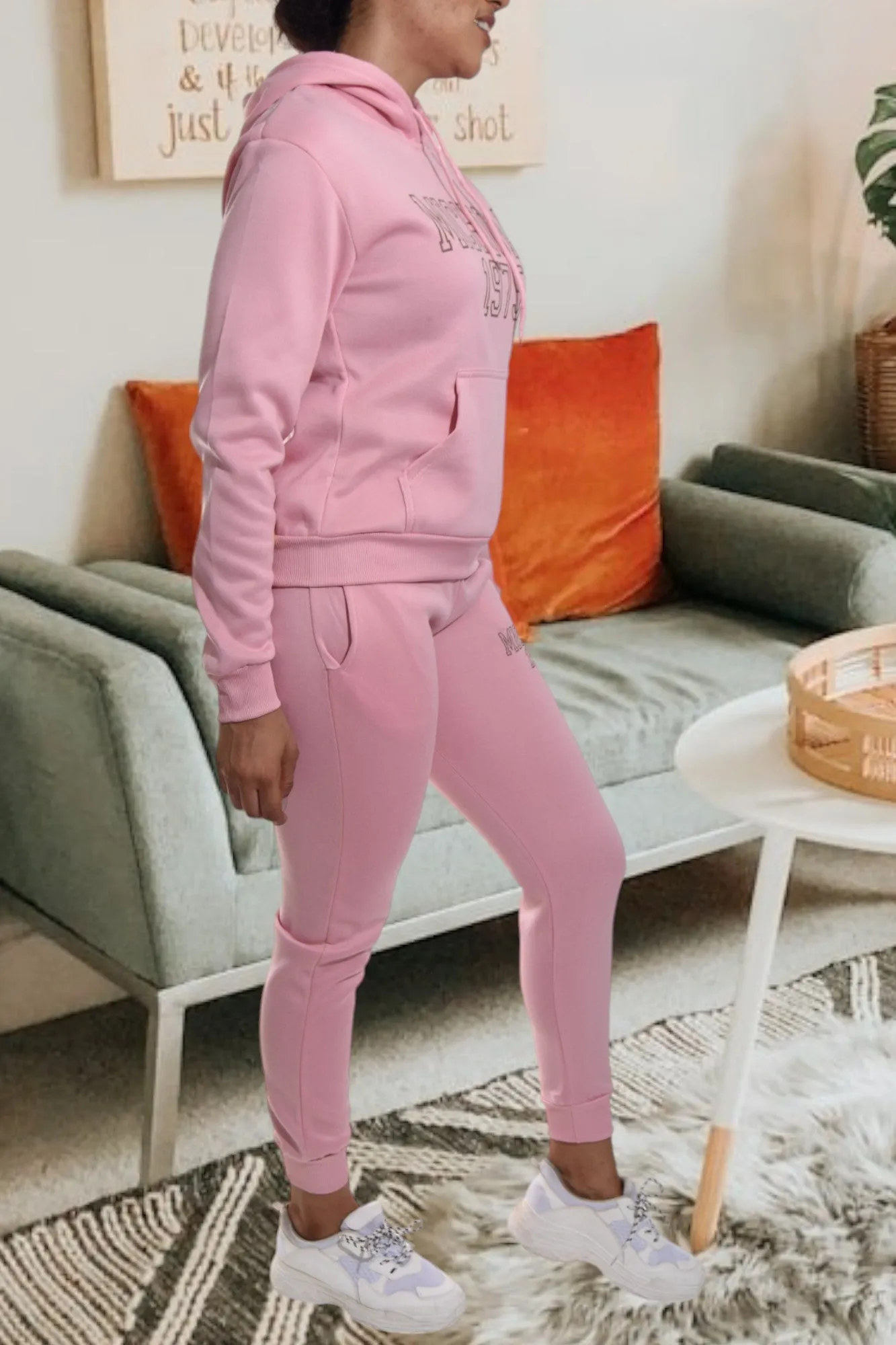 Letter Graphic Light Pink Hoody Tracksuit