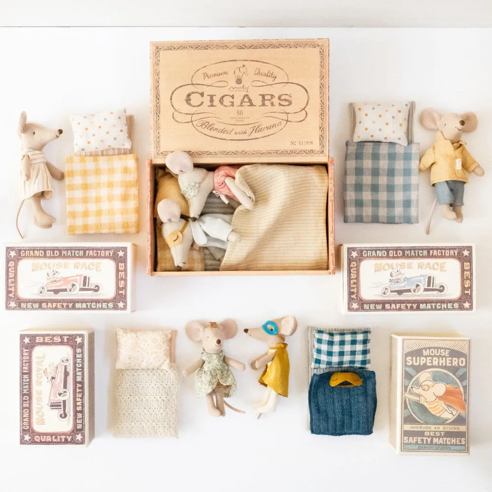 Maileg big brother in matchbox - yellow check shirt