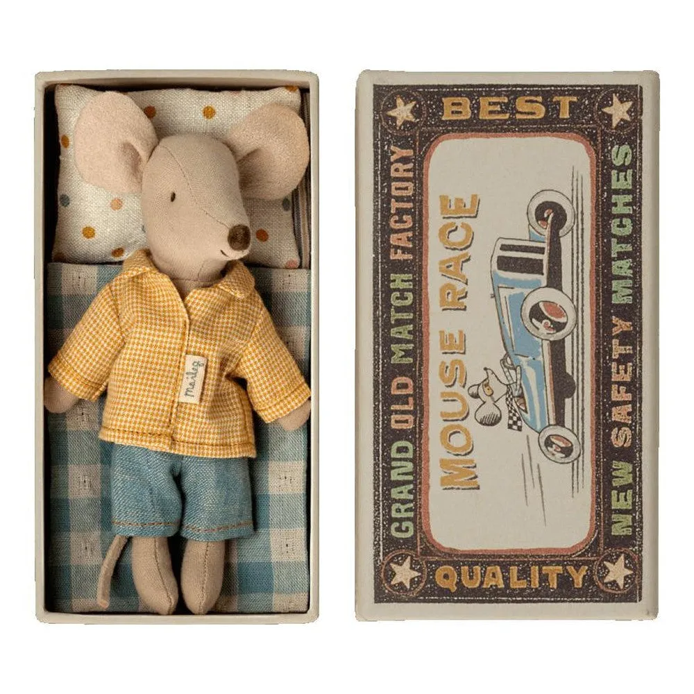 Maileg big brother in matchbox - yellow check shirt