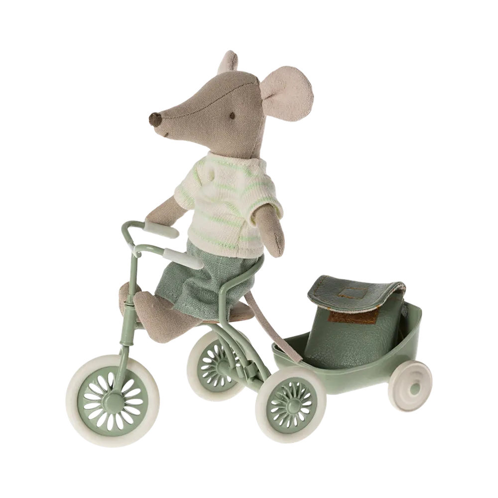Maileg big brother tricycle mouse with bag, green outfit 2024