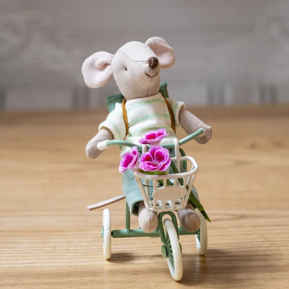 Maileg big brother tricycle mouse with bag, green outfit 2024