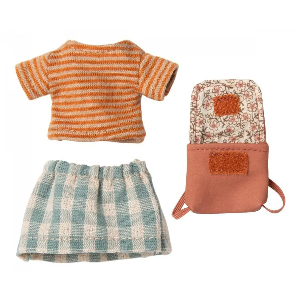 Maileg big sister tricycle mouse with bag - old rose