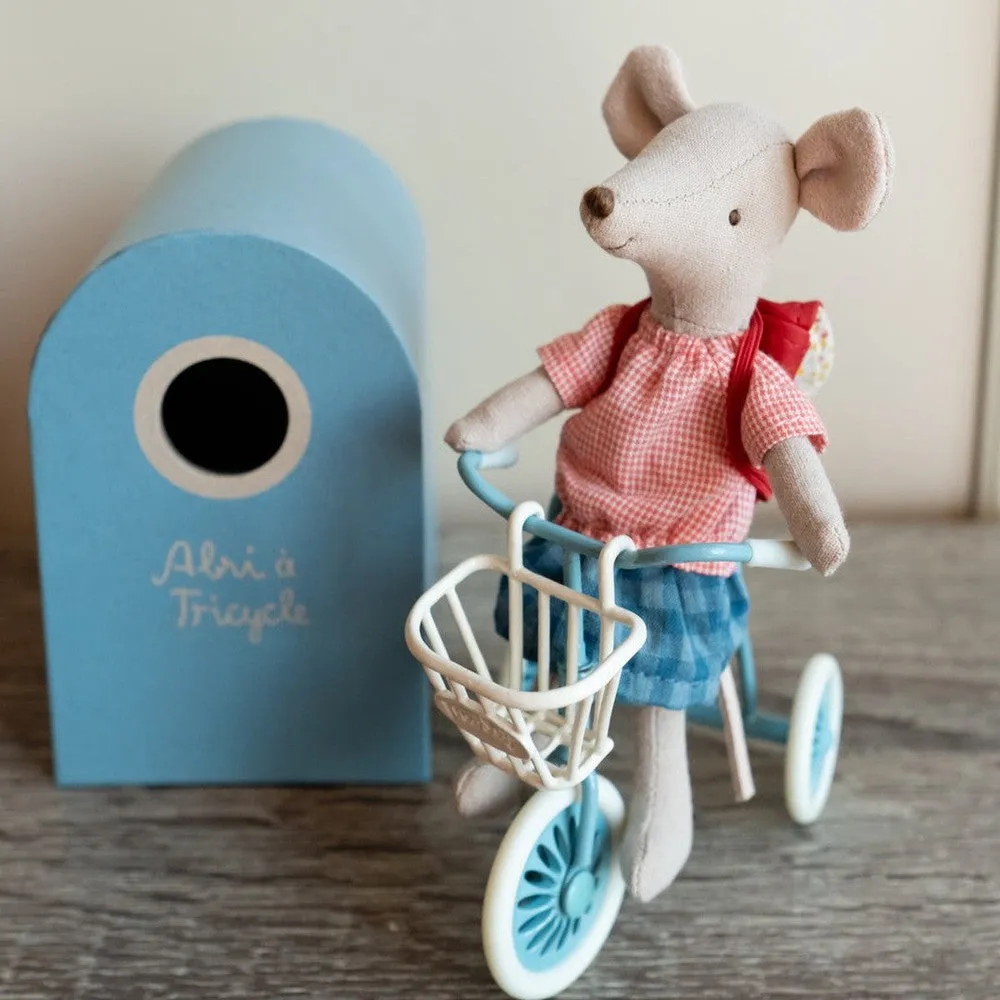 Maileg big sister tricycle mouse with bag, red
