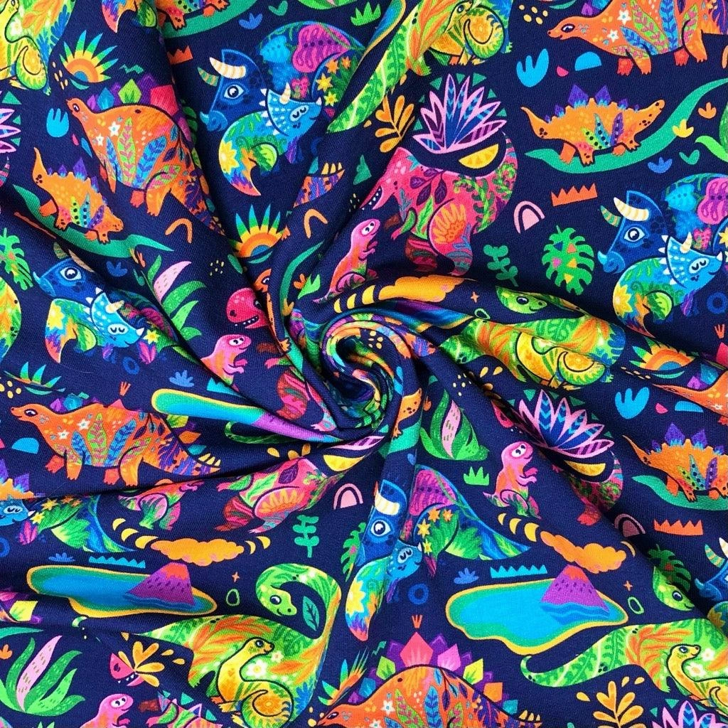 Multicoloured Dinosaurs on Navy French Terry Fabric