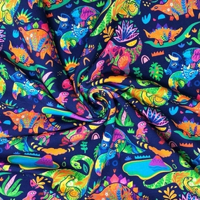 Multicoloured Dinosaurs on Navy French Terry Fabric
