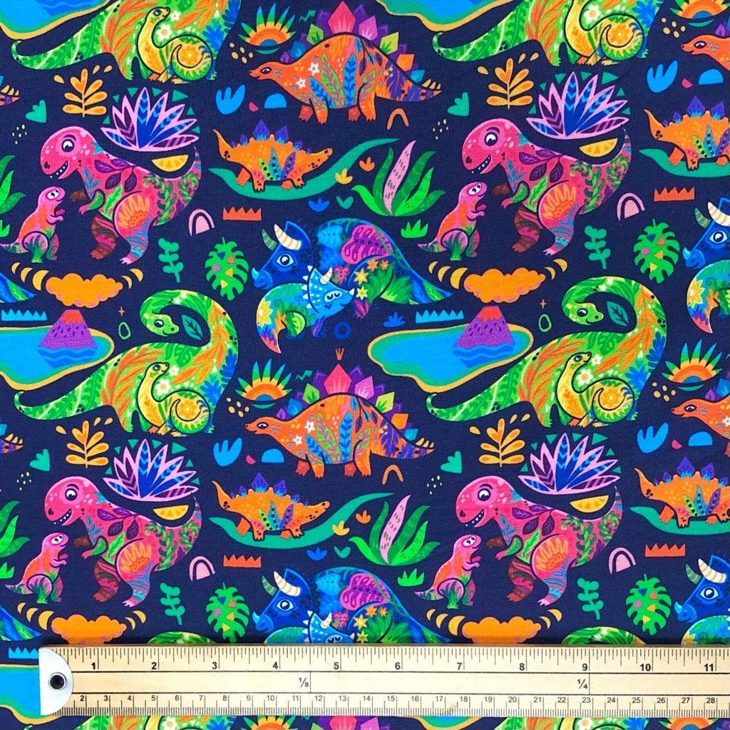 Multicoloured Dinosaurs on Navy French Terry Fabric