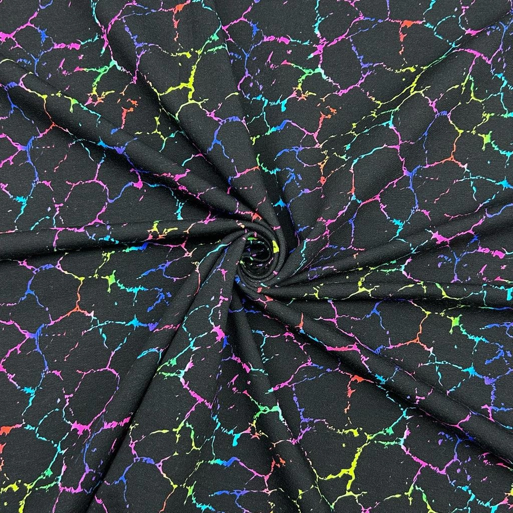 Multicoloured Lightning Effect on Black French Terry Fabric