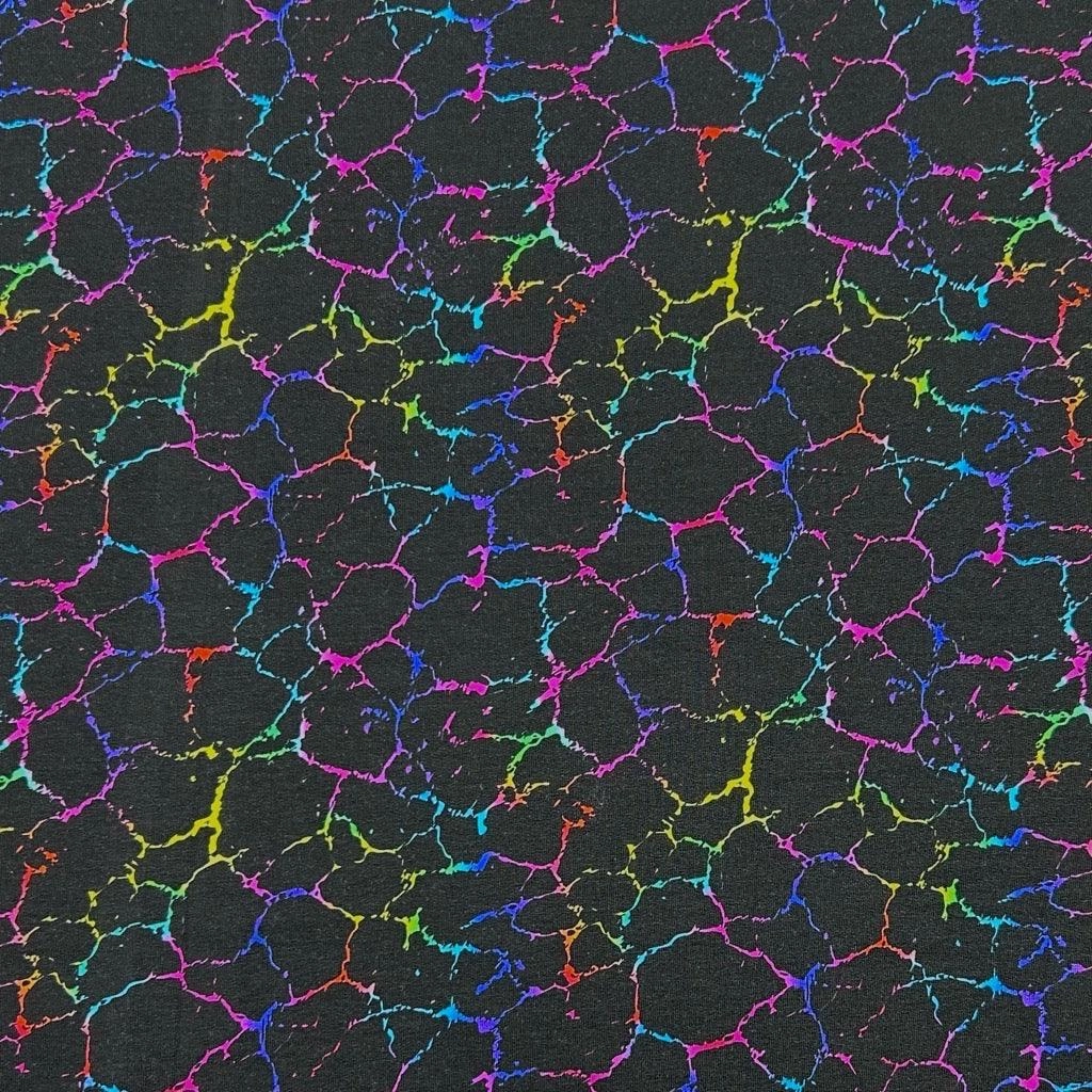 Multicoloured Lightning Effect on Black French Terry Fabric