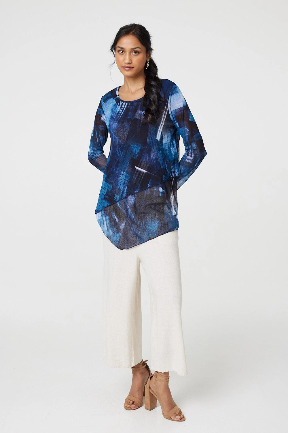 Printed Semi Sheer Asymmetric Tunic Top