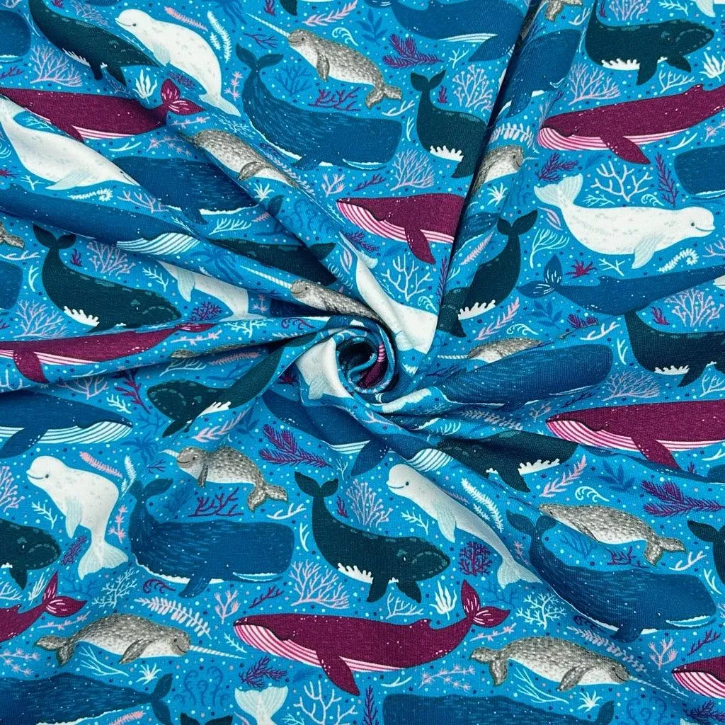 Whales in the Ocean French Terry Fabric